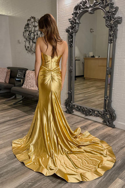 Mermaid Sweetheart Gold Satin Long Prom Dresses VK24012101