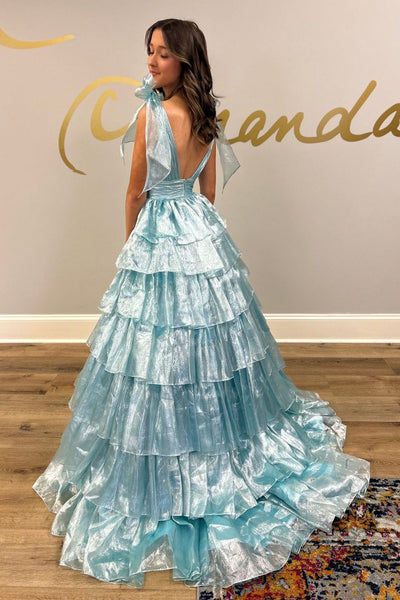Romantic A-Line Blue Ruffle Tiered Long Prom Dresses with Bow VK24050802