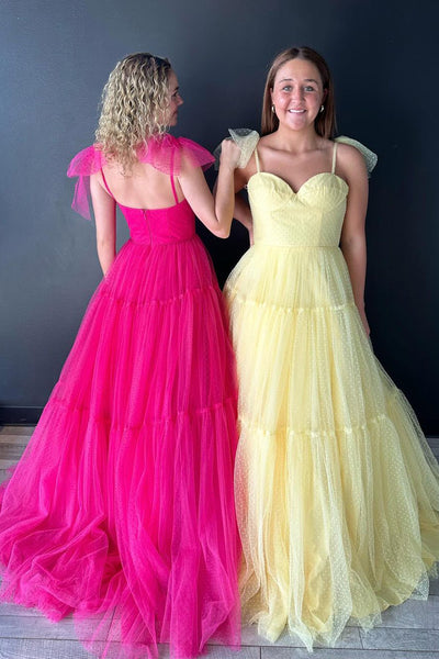 Fuchsia Sweetheart Tie Straps Tulle A-Line Long Prom Dresses VK23120301