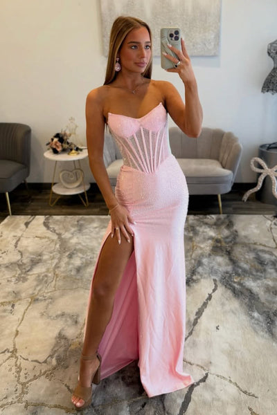 Stunning Mermaid Scoop Neck Pink Hot Fix Satin Prom Dress with Slit VK16012905