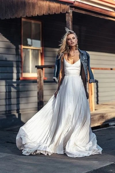 Romantic A Line V Neck Pleat Satin Wedding Dresses VK25052201