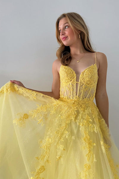 A-Line V Neck Yellow Tulle Lace Long Prom Dresses VK24011705