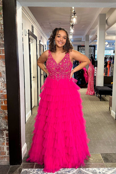 Fuchsia V Neck Ruffle Tiered Tulle Long Prom Dress with Appliques VK24050401