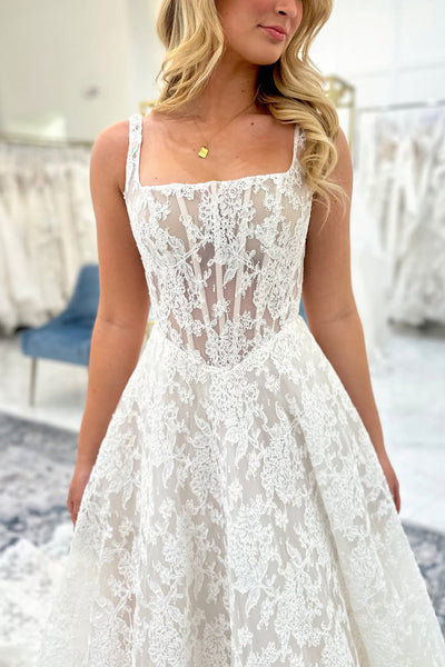 Gorgeous A Line Square Neck Lace Wedding Dress VK5111210