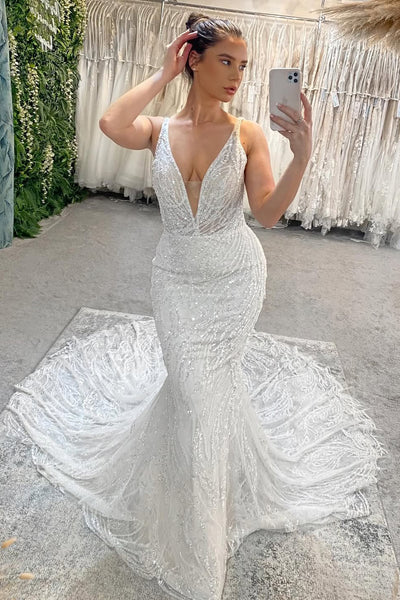 Gorgeous Mermaid V Neck Sequins Lace Long Wedding Dress VK25060705