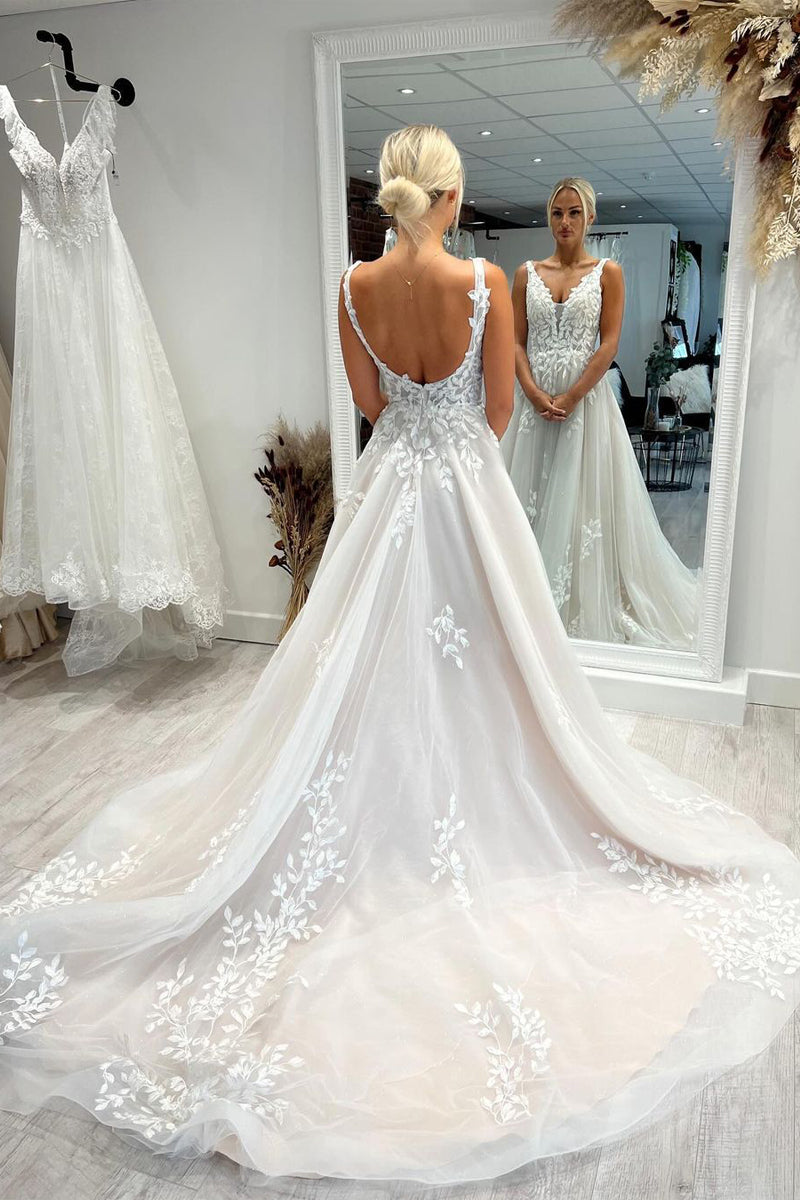 A-Line V Neck Tulle Appliques Wedding Dresses VK24010705