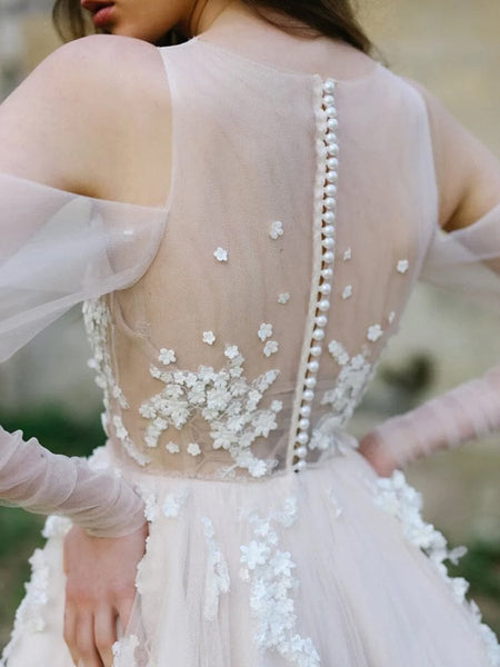 Off-The-Shoulder Tulle Illusion Sleeve Wedding Dress With Appliques VK25100203