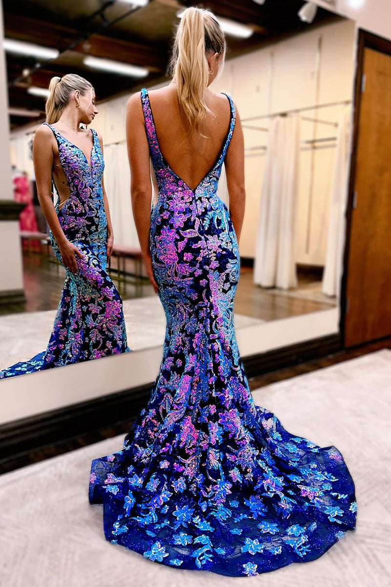 Mermaid Navy Blue V Neck Sequin Lace Long Prom Dresses VK24011903