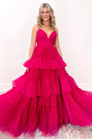 Fuchsia V Neck Ruffle Tiered Tulle Long Prom Dresses with Slit VK24032703