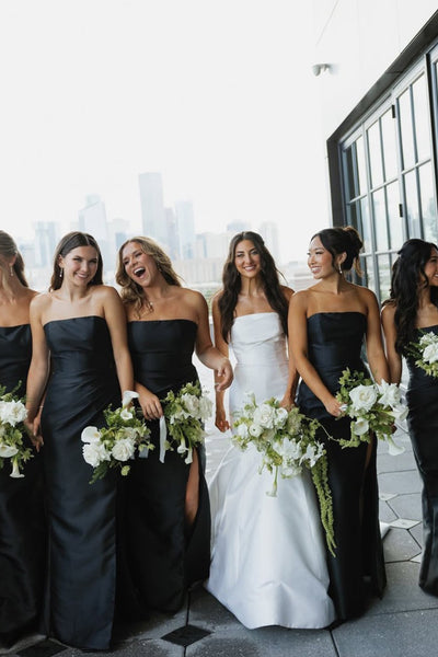 Black Sheath Strapless Satin Long Bridesmaid Dresses with Slit VK26102805