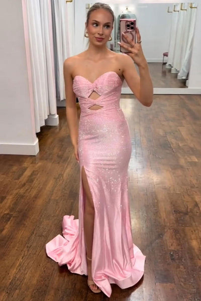 Mermaid Strapless Pink Satin Beaded Long Prom Dresses with Slit VK26010705