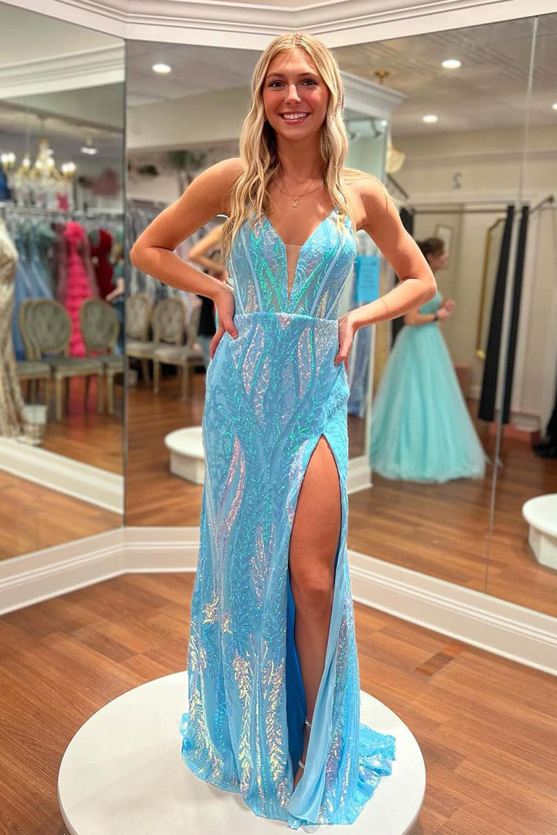 Sky Blue V Neck Sequins Lace Mermaid Long Prom Dresses with Slit VK24031102