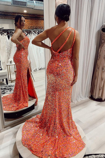 Mermaid One Shoulder Orange Sequins Long Prom Dress with Split Front VK23101608