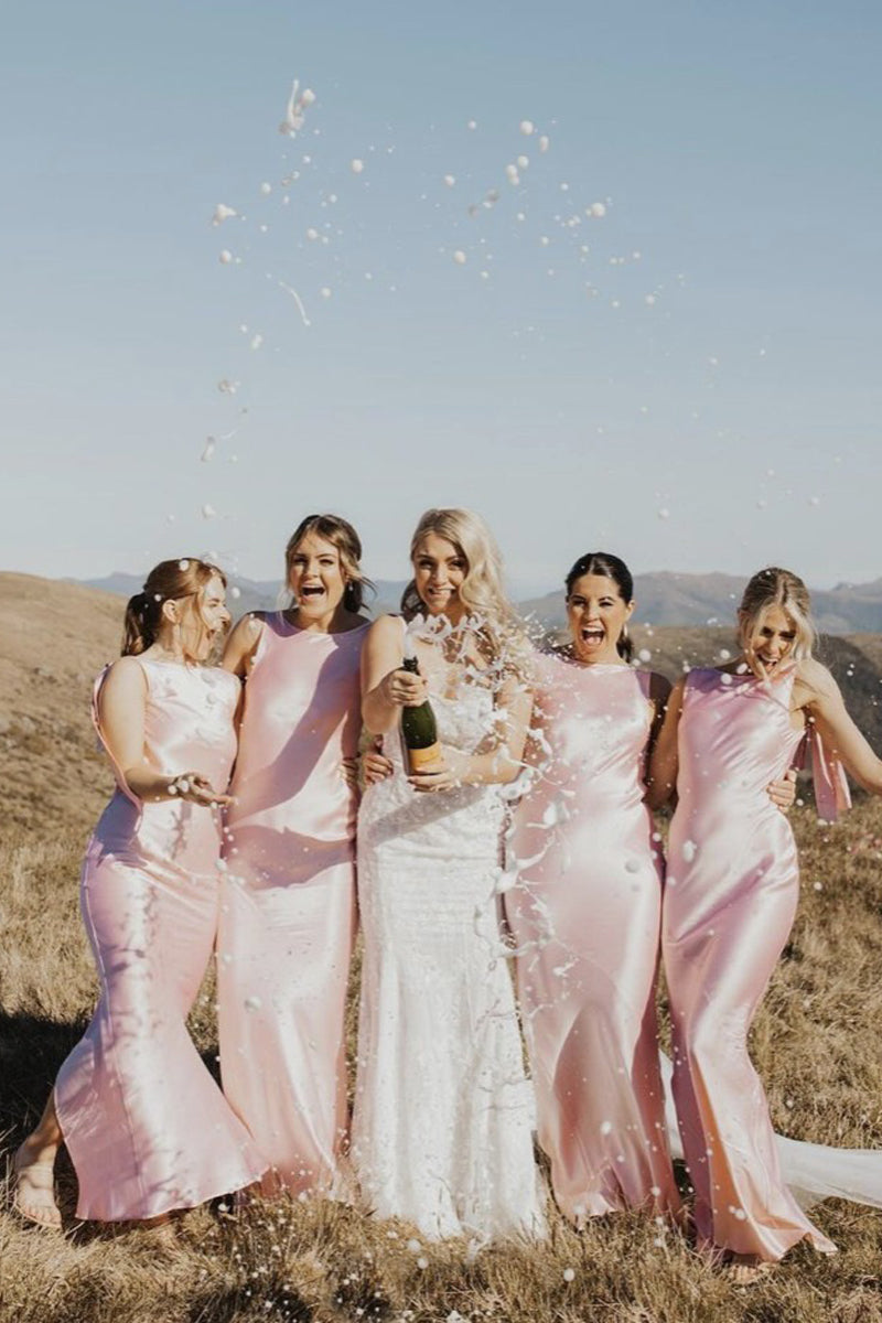 Cute Mermaid Pink Satin Long Bridesmaid Dresses with Bow VK24052601