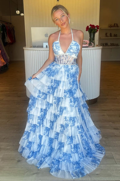 A Line Tulle Floral Print Prom Dresses V Neck Evening Gowns with Ruffles VK25101409