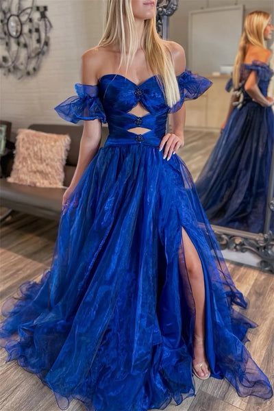 Royal Blue Tulle Off-Shoulder Rhinestones Long Prom Dress with Slit VK23102707