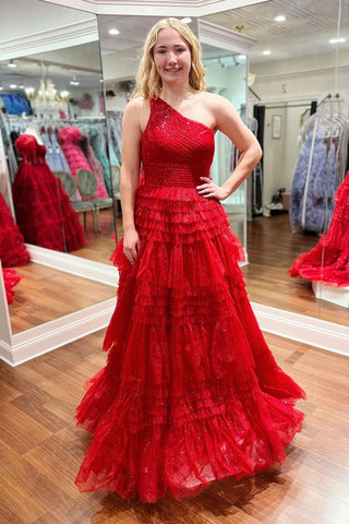 Sparkly Red One Shoulde Ruffle Tulle A-Line Long Prom Dresses VK24031903