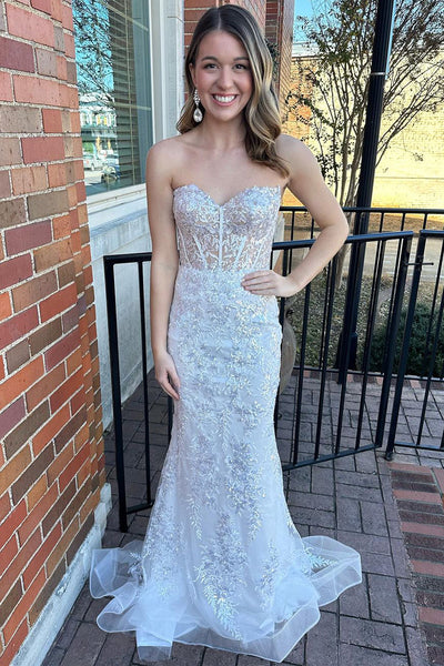 White Lace Sweetheart Mermaid Long Prom Dress with Sleeves VK23112804
