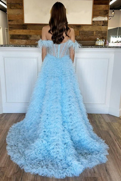 Light Blue Beaded Feather Off-the-Shoulder Tiered Long Prom Dress with Slit VK23120604