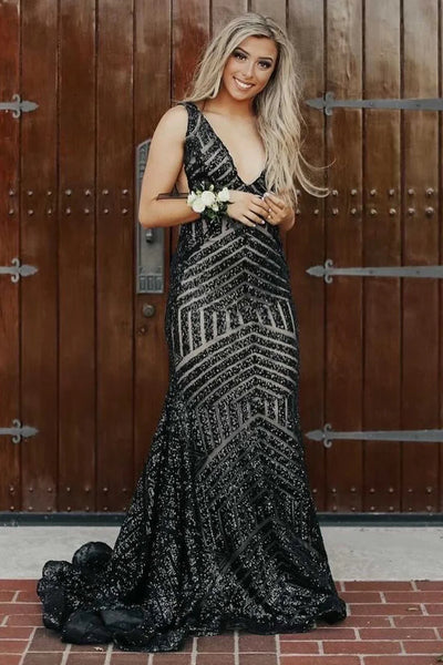 Fuchsia Deep V Neck Sequin Mermaid Prom Dress VK23101905