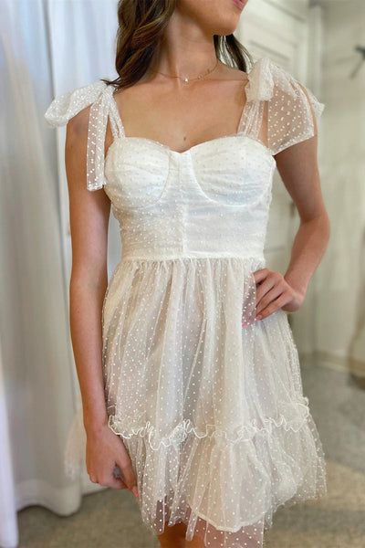 White Bow Tie Shoulder Beaded Ruffle Homecoming Dress VK23061902