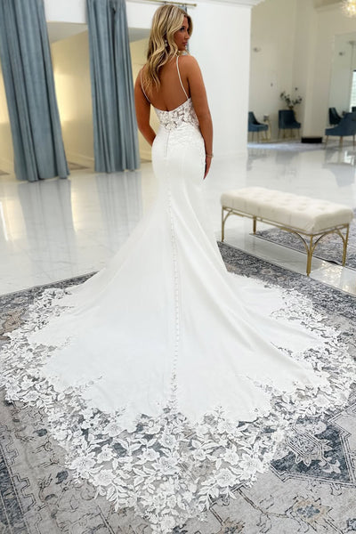 Scoop Neck Mermaid Elastic Satin Long Wedding Dresses with Appliques VK25051005