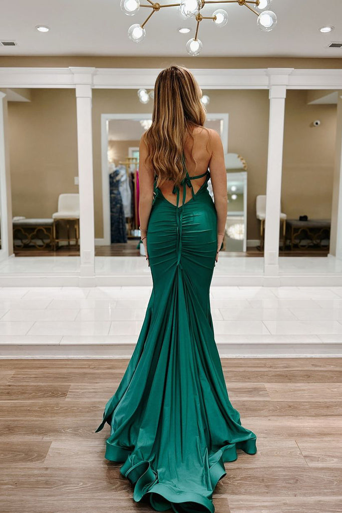 Cute Mermaid V Neck Dark Green Elastic Satin Long Prom Dresses with Slit VK24101011 Vickidress Cute Mermaid V Neck Dark Green Elastic Satin Long Prom Dresses with Slit VK24101011 Vickidress