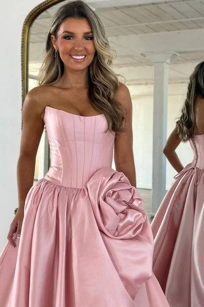 A-Line Strapless Red Satin Prom Dresses with Handmade Flower VK26012707