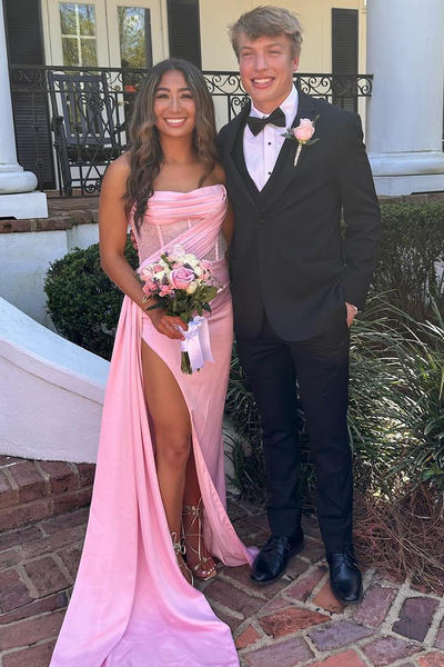 Mermaid Strapless White Satin Pleats Long Prom Dresses with Slit VK26011607