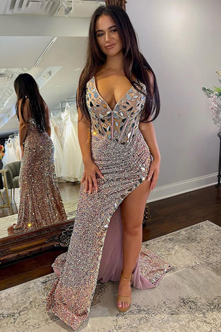 Blush Sequins V Neck Mermaid Prom Dresses with Slit VK23120507