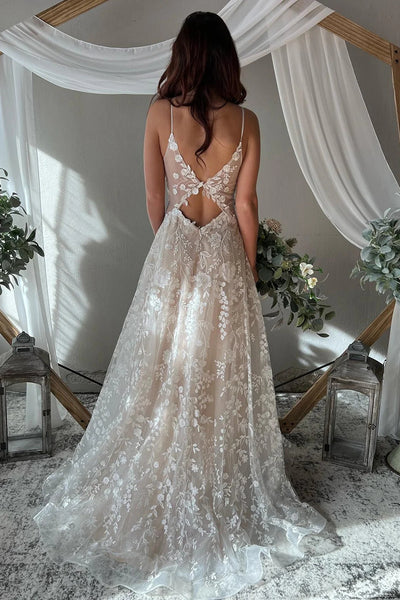 Exquisite A-Line V Neck Lace Boho Wedding Dresses VK23082707