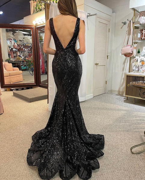 Sparkly Mermaid V Neck Black Sequins Long Prom Dresses VK23050701