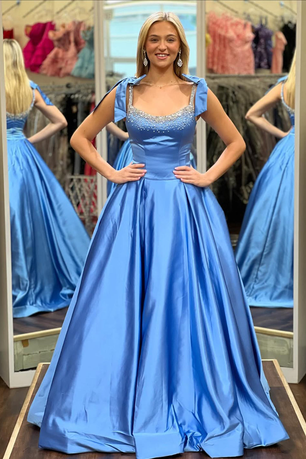 A-Line Square Neck Blue Satin Beaded Long Prom Dresses with Bowknot  VK25101702