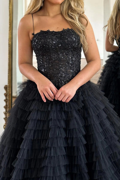 Sparkly Black Corset Spaghetti Straps Tulle A-Line Long Prom Dress with Slit VK23122008