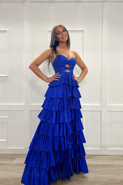 Luxurious Royal Blue Strapless Beads Tiered Long Prom Dresses with Slit VK26020304