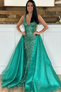 Dark Green Sequins Mermaid V Neck Long Prom Dress with Detachable Train VK23121101