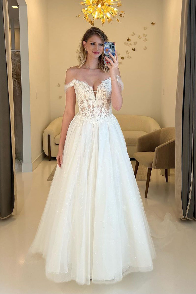 A-Line Off the Shoulder Tulle Wedding Dresses with Appliques VK23091304