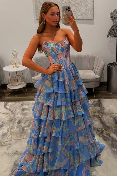 Charming A-Line Strapless Floral Printed Satin Long Prom Dresses with Beadings VK26030110