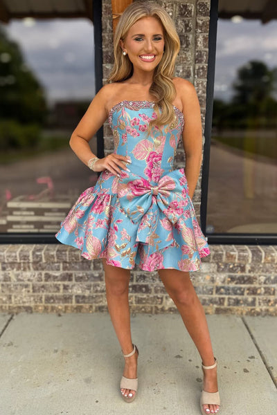 A Line Strapless Jacquard Satin Short Homecoming Dress with Bow VK26060904