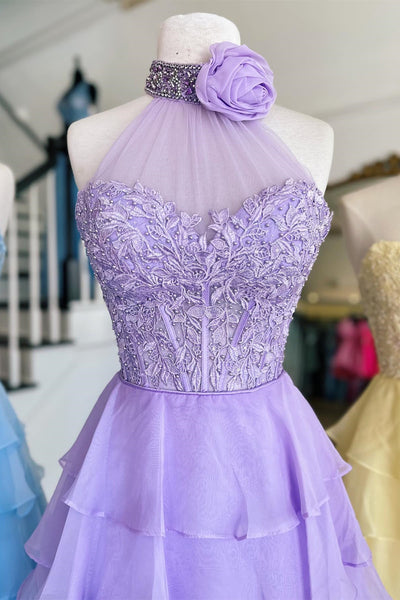 Lavender Illusion Halter Flower Appliques Multi-Layers Long Prom Dress VK23102906