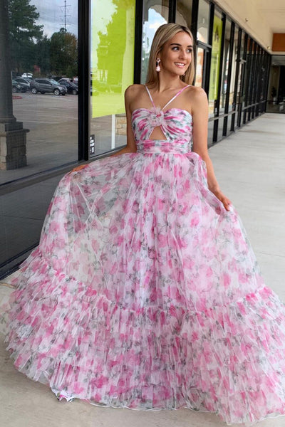 Pink Print Halter Keyhole A-Line Long Prom Dress VK23121608