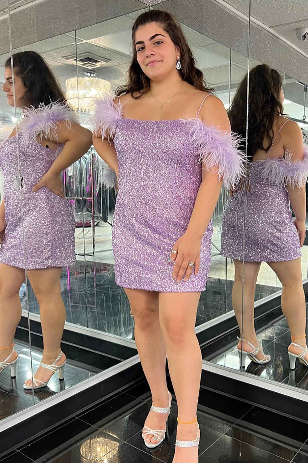 Sparkly Lilac Sequins Tight Short Homecoming Dress with Feathers VK23062402