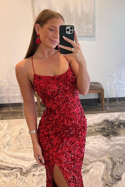 Red Sequin Scoop Neck Long Prom Dresses with Slit VK23111202