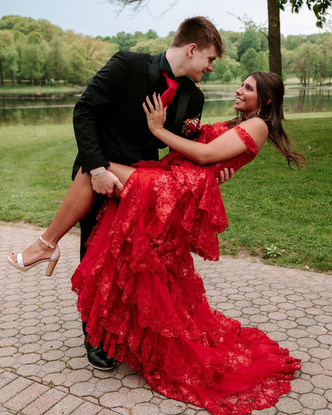 Cute Ball Gown Off the Shoulder Red Sequins Lace Long Prom Dresses with Slit VK23051505