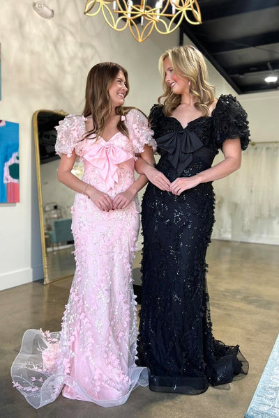 Fairy Mermaid V Neck Pink Floral 3D Lace Prom Dress with Ruffled Sleeves