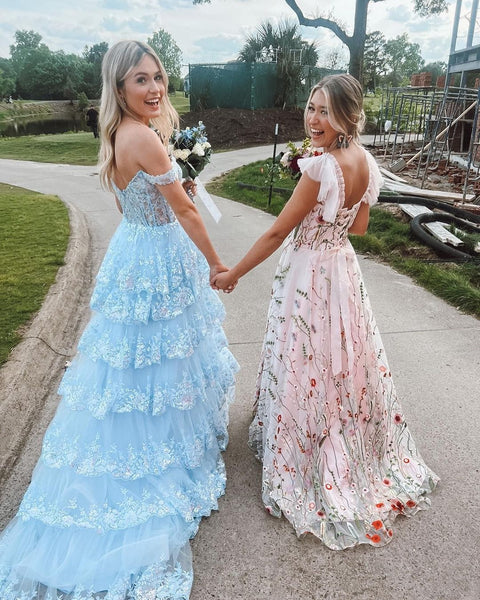 Cute A Line V Neck Light Blue Long Prom Dresses with Appliques VK23051003