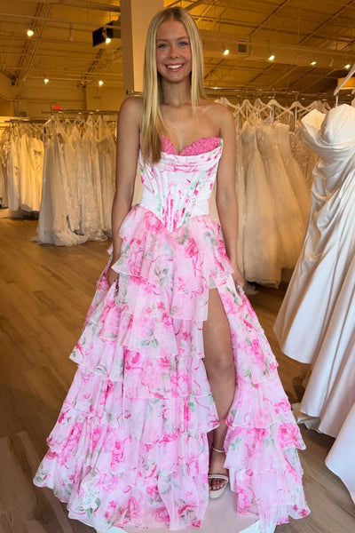 Cute A Line Sweetheart Pink Floral Chiffon Tiered Prom Dress VK011509