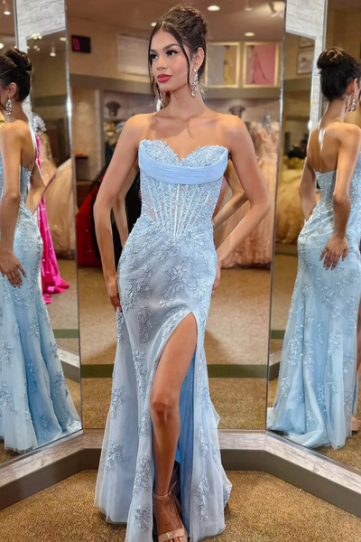 Mermaid Sweetheart Yellow Lace Appliques Long Prom Dresses with Slit VK26011401