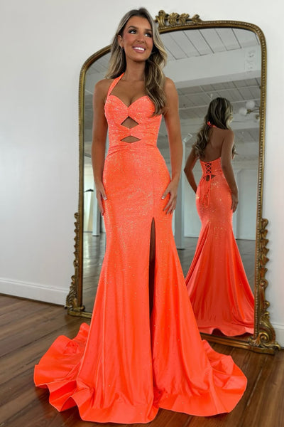 Pink Mermaid Halter Keyholes Beaded Long Prom Dresses with Slit VK26012903