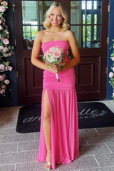Sheath Strapless Fuchsia Chiffon Pleats Long Prom Dresses with Slit VK26010905